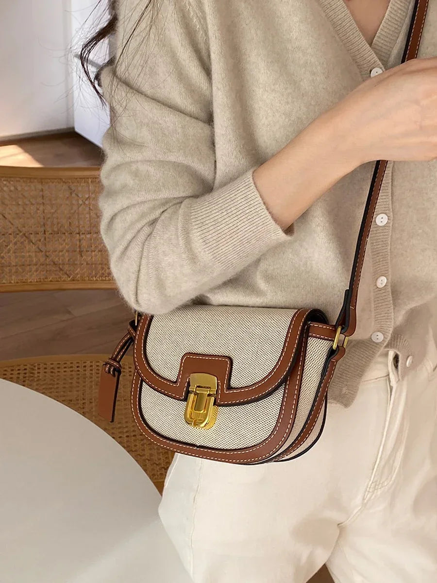 2024 New Small Style Contrast Panel Canvas Retro One Shoulder Crossbody Saddle Bag Handbags