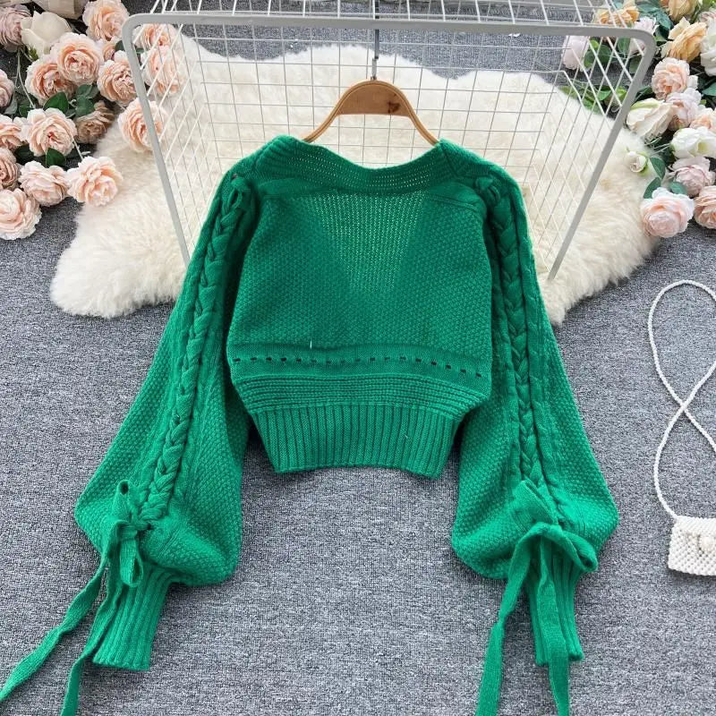 Green Casual Acrylic Knit V-Neck Lantern Long Sleeve Lace Up Women's Cardigan Sweater Short Cardigan For Women Clothing 2024