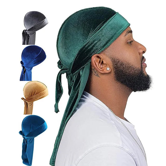 New Unisex Velvet Durags Bandana Turban Hat Men Women Breathable Long Tail Pirate Hats Cap Hip Hop Headband