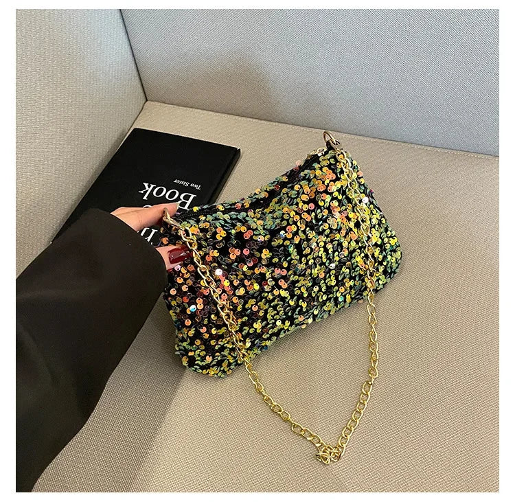 Sequins Crossbody Chain Bag Simple INS Solid Color Sequins Shoulder Bag Underarm Bag Phone Purse Evening Clutch Bags Handbag