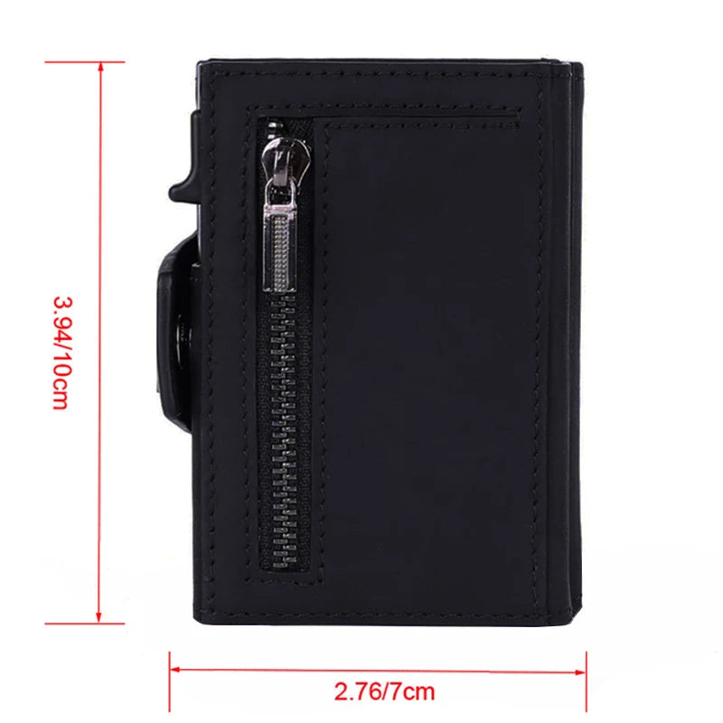 YE TREE Slim Aluminum Metal Wallet for Men Zipper Credit Card Holder RFID Genuine Leather Pop up Wallet for Cards and Coins Man