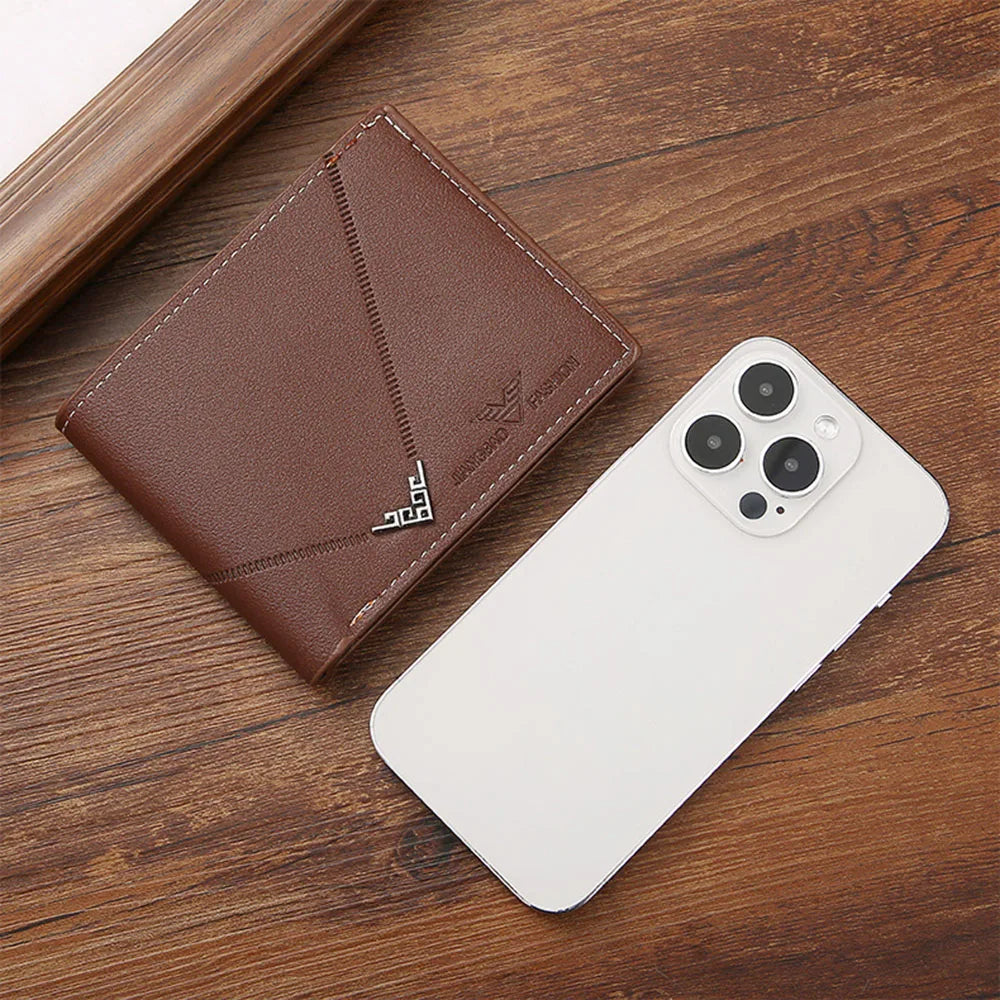 Lychee Texture PU Leather Men's Wallet Short Cash Purse Multi Card Slot Patchwork Card Holder Photo Holder Horizontal Money Clip