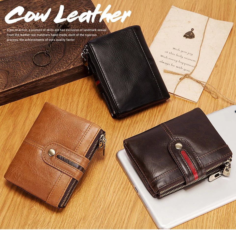 Short Genuine Leather Men's Wallets England Style Clutch Bag Top Quality Mini Purse for Women with Double Zipper Coin Pocket