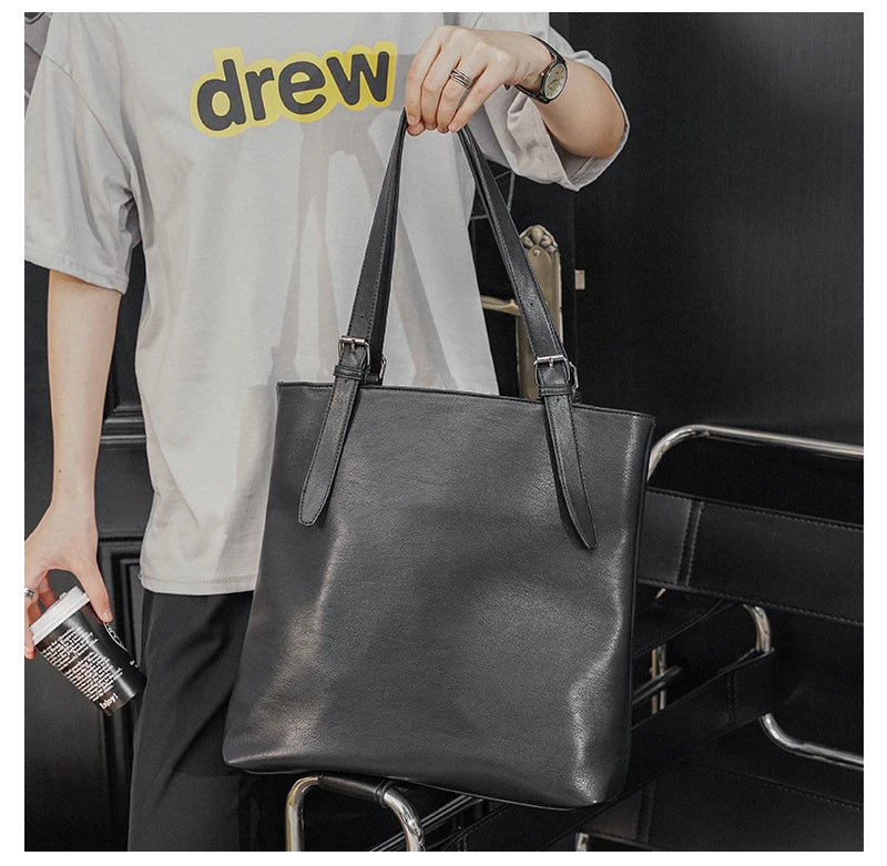 Soft Leather Tote Bag for Men Japanese Korea Style Business Casual Street Handbag Male Large Capacity Zipper Laptop Underam Bags