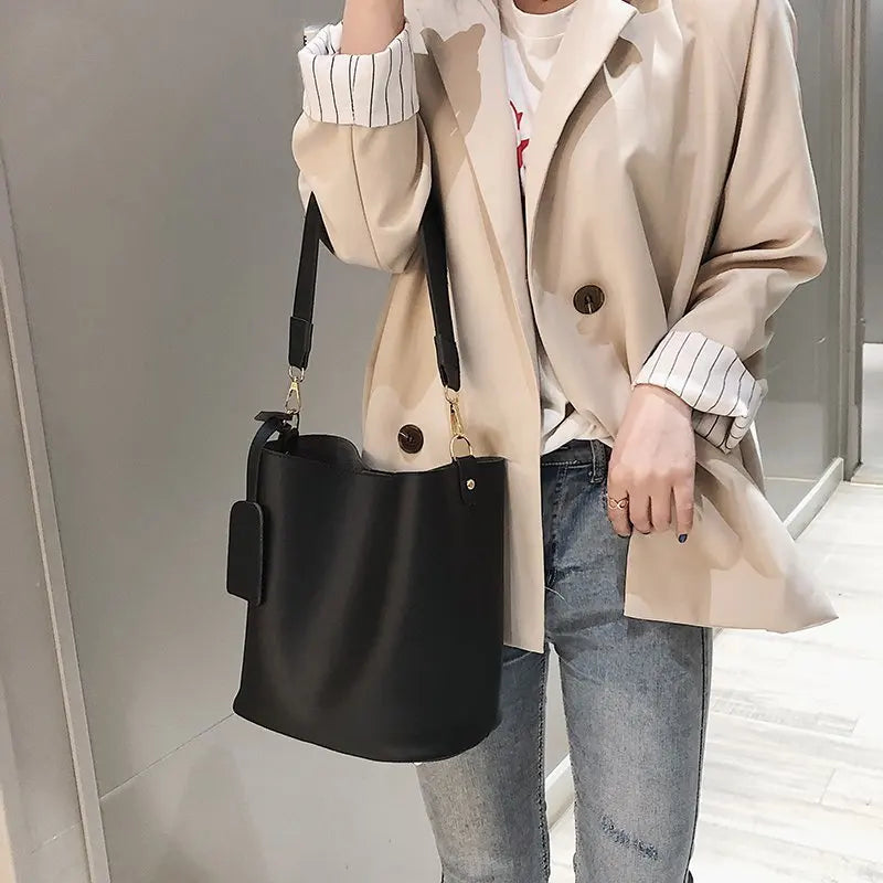 2piece/set Fashion Designer Pu Leather Women's Handbags Good Casual Ladies Tote Female Black Bucket Women Shoulder Crossbody Bag