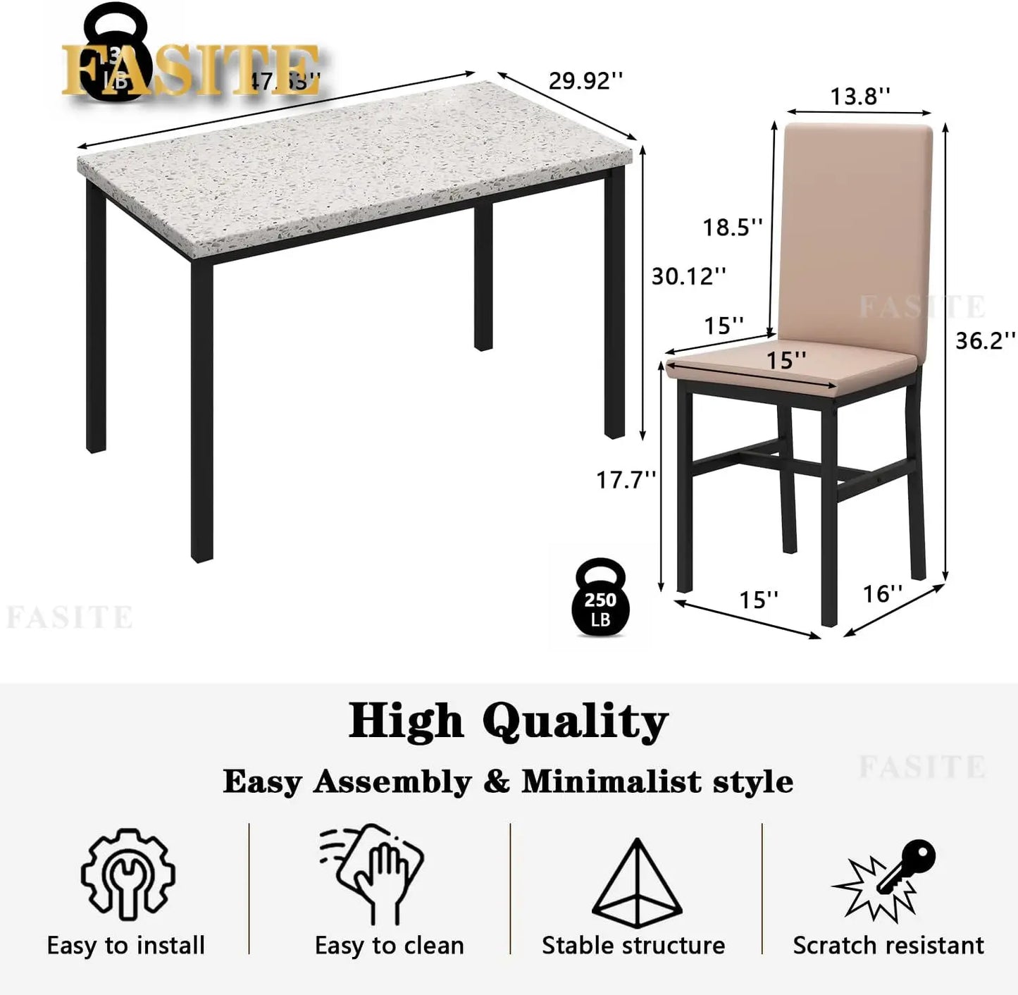 White Faux Marble Dining Table with 4 Upholstered Chairs, 5-Piece Dining Room Table Set for Small Space, Breakfast Table