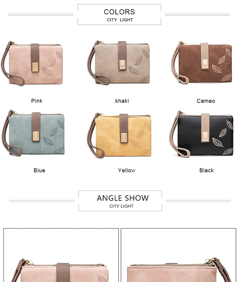 Fashion Female Wallet Short Leaf Print Purse Women Small Nubuck Leather Purse with Wrist Strap