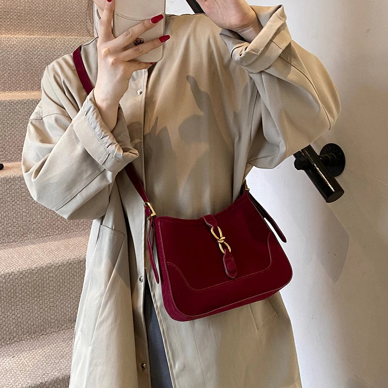 Winter Trendy Frosted PU Leather Shoulder Bag for Women Quiet Luxury Burgundy Bag Lady Solid Color Crossbody Bags Suede Purse