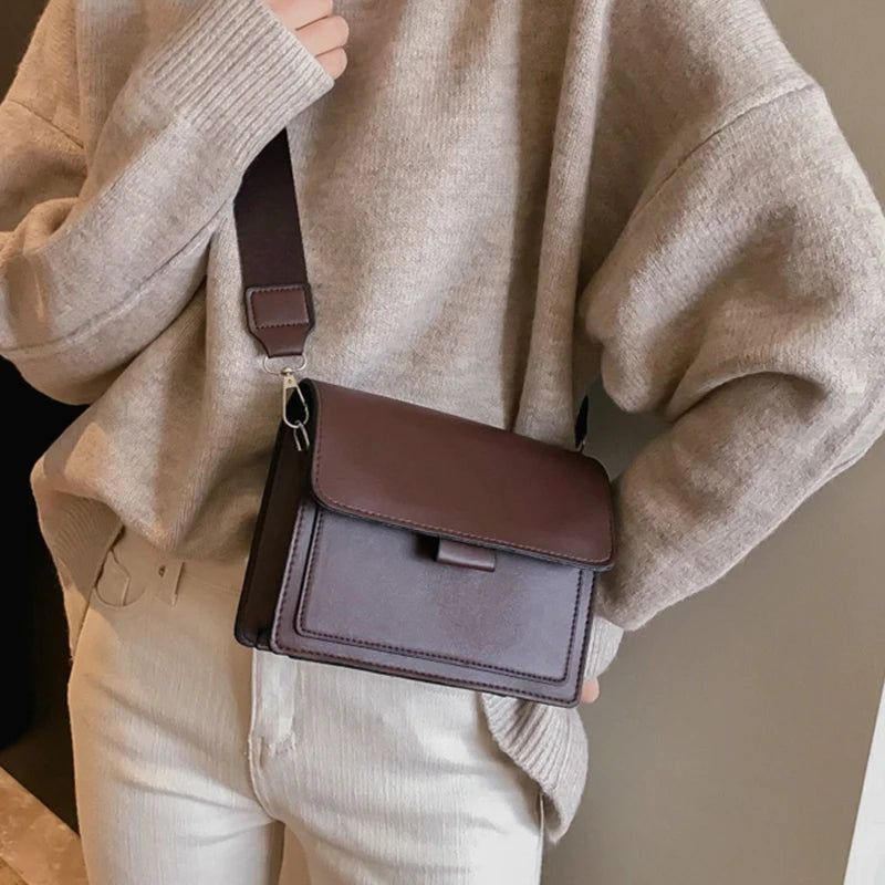 Women Small Square Bag Retro Versatile Wide Shoulder Strap Large Capacity Casual Portable Female One Shoulder Crossbody Bag