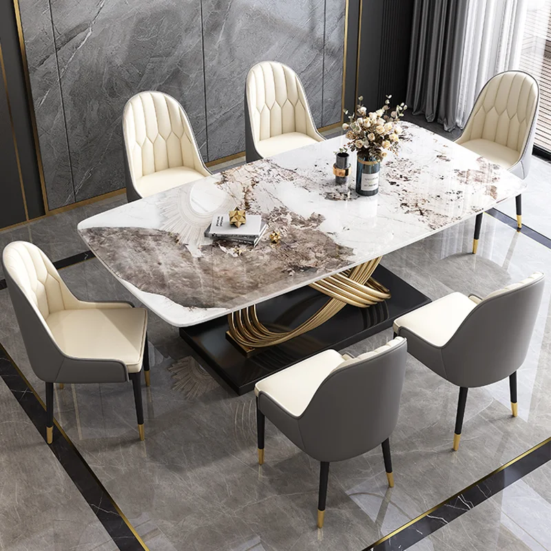 Luxury Unique Design Stainless Steel Dining Tables and Chairs Marble Rectangular Modern Dining Table Set