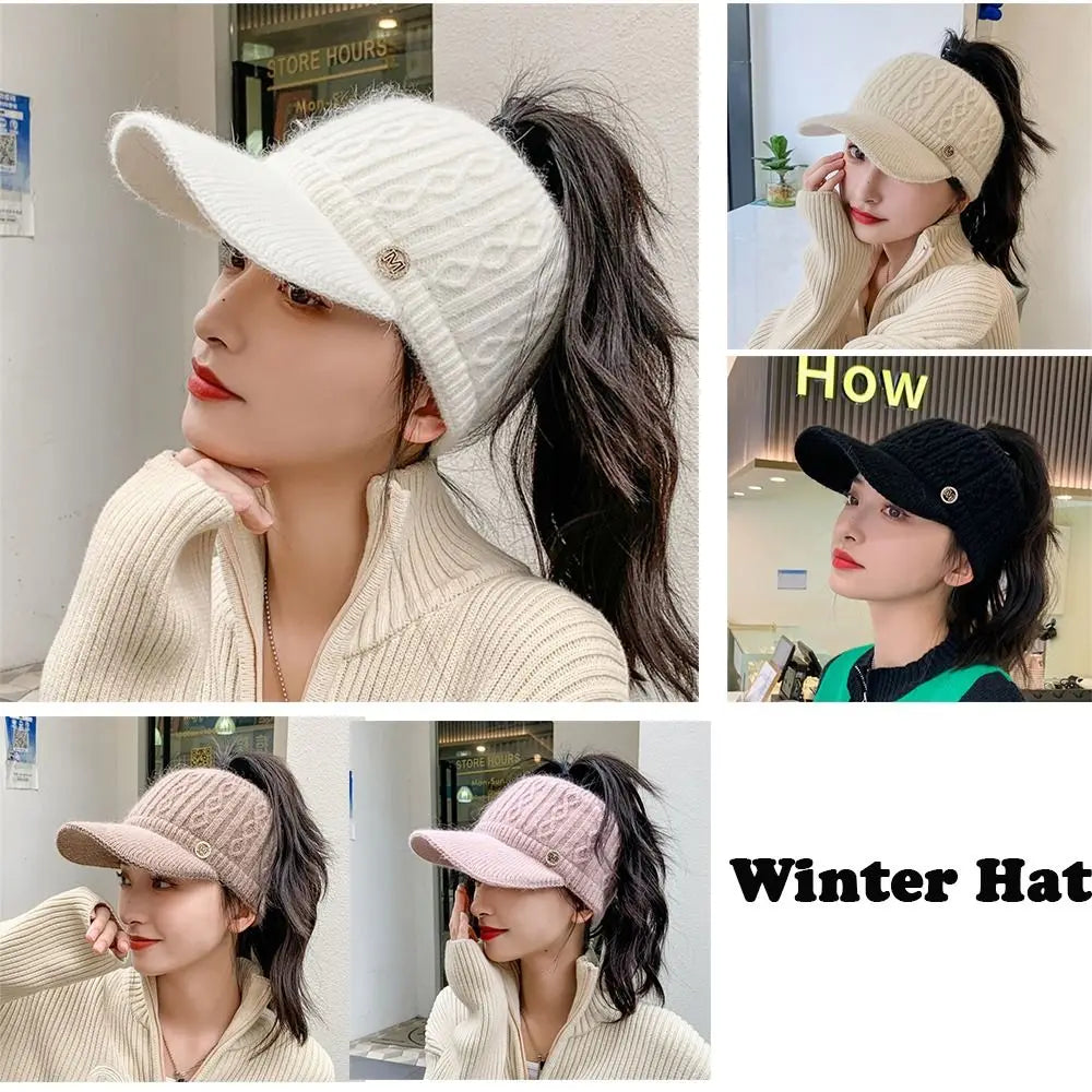 Women Hats 2022 New Autumn Winter Warm Rabbit Knitted Hats Outdoor Sports Golf Ponytail Hat Baseball Caps Empty Top Caps 1PC