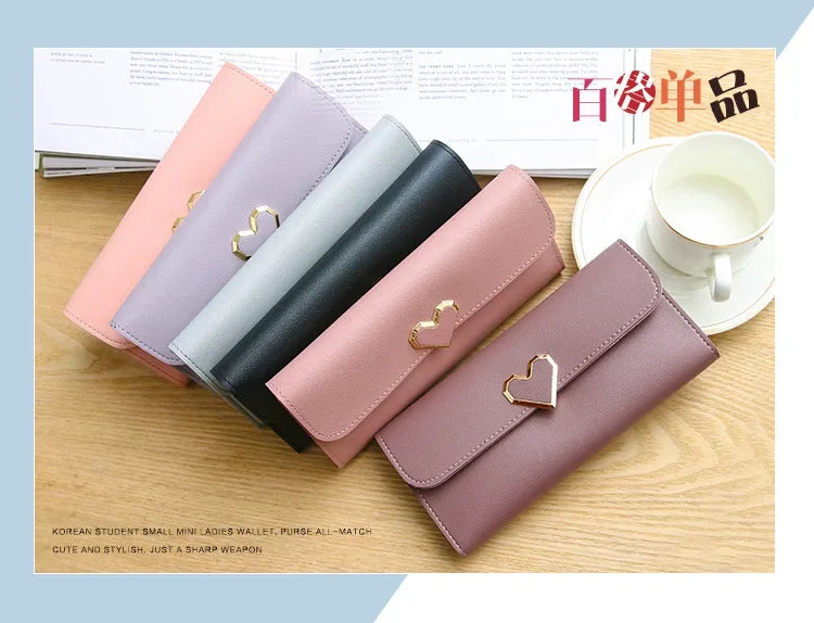 2024 Women Tri-Fold Wallet Metal Heart Pattern Girls Money Pocket Card Holder Luxury Designer Phone Clutch Fashion Card Holder