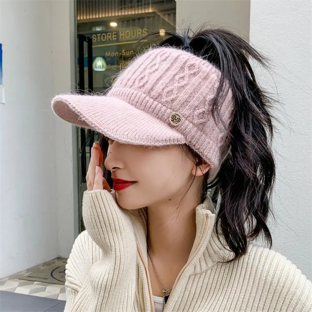 Women Hats 2022 New Autumn Winter Warm Rabbit Knitted Hats Outdoor Sports Golf Ponytail Hat Baseball Caps Empty Top Caps 1PC