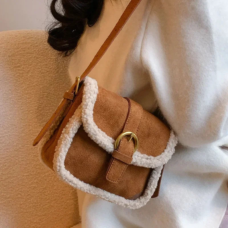 Women's Shoulder Bag Suede and Faux Fur Patchwork Retro Lock Crossbody Bag Small Flap Handbag Brand Designer Tote Bags Handbag