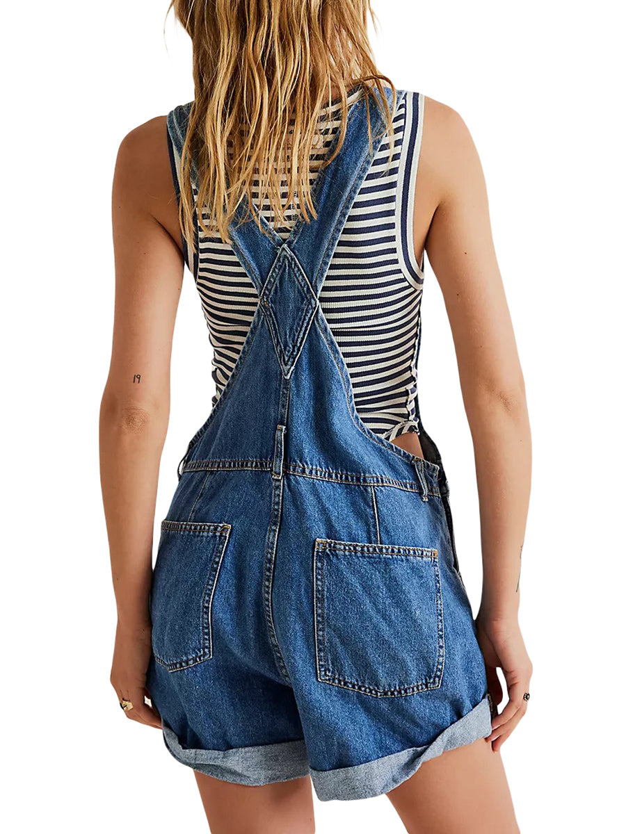 Women s Casual Adjustable Strap Cuffed Hem Denim Bib Overalls Shorts Romper Classic Adjustable Straps Jean Shorts