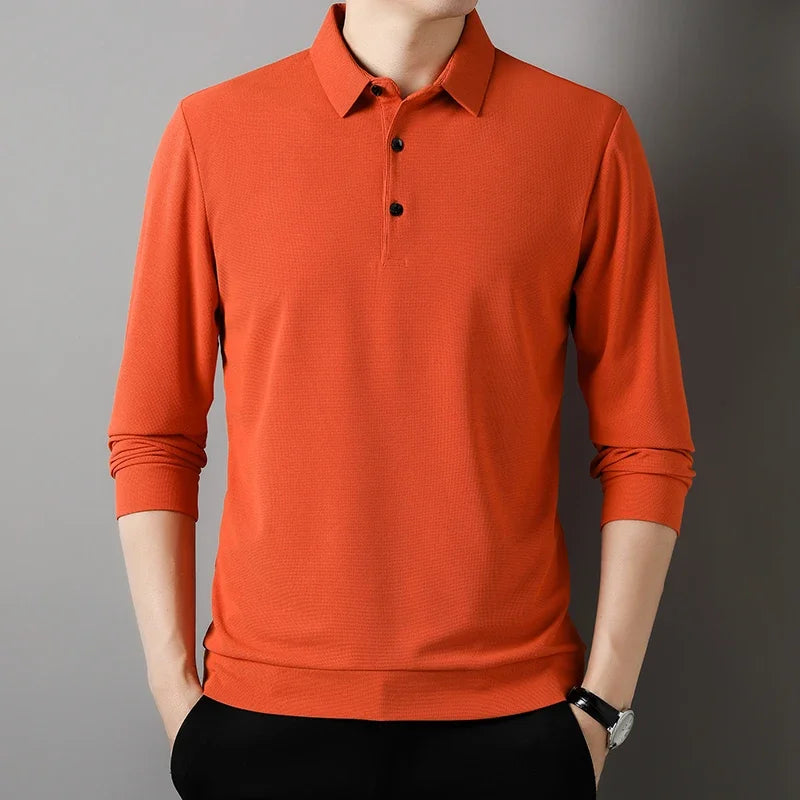 Men's Fashion Waffle Solid Long Sleeved Polo Shirt Summer Breathable Comfortable Top