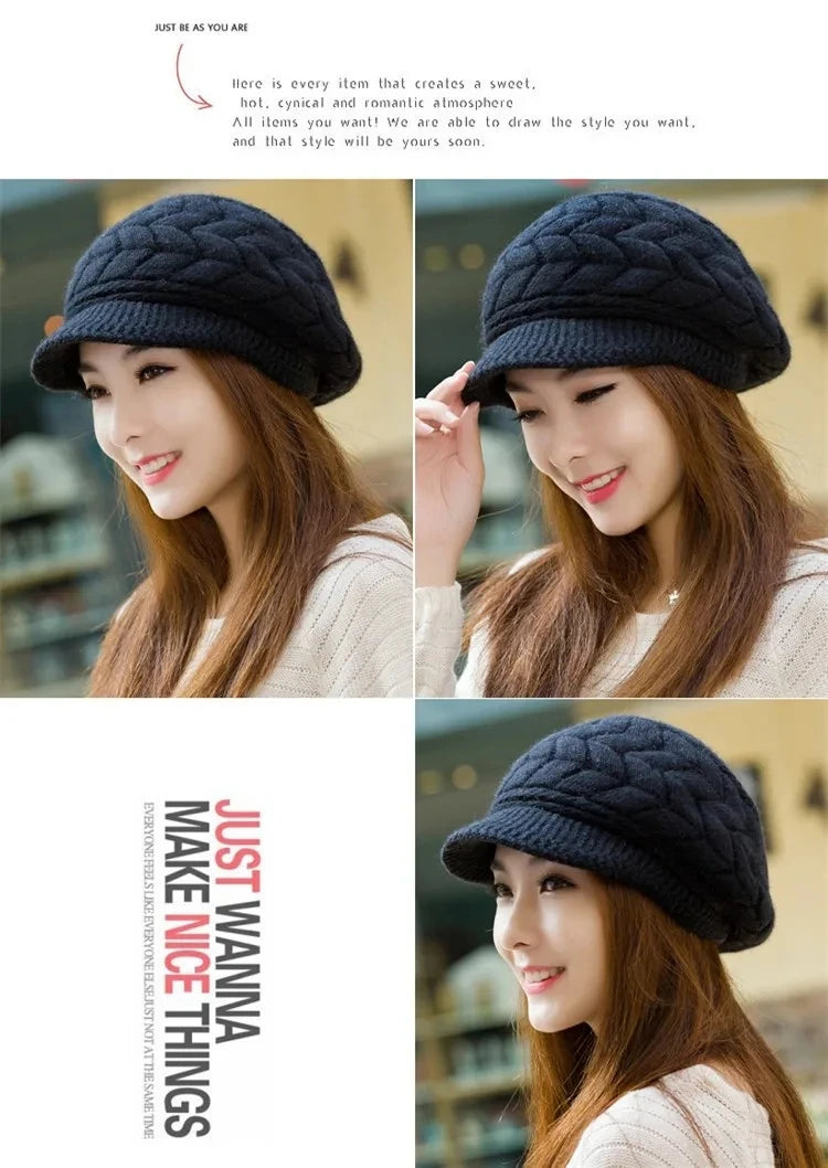 Vente chaude femmes chapeau d'hiver en peluche fourrure doublé garder au chaud bonnet mode fourrure de lapin tricoté chapeaux pour femme en plein air casquette résistant au froid