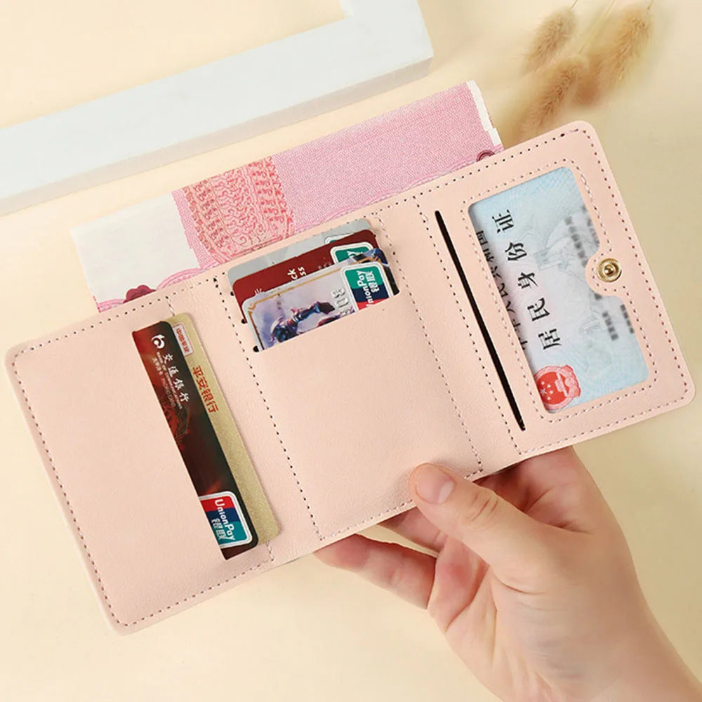 Cute Flower Bow Wallet Women Sweet Pink Three Fold Purse Card Holder for Girl Portable Travel Cash Coin Pouch Photo Card Bag