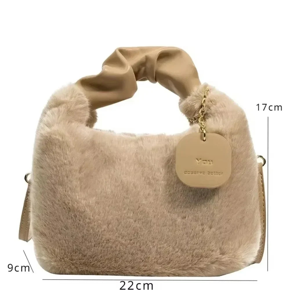 New Fashion Women Lady Shoulder Underarm Bag Solid Color Soft Plush Handbag Fluffy Totes Purse Autumn Winter Shopping Bag