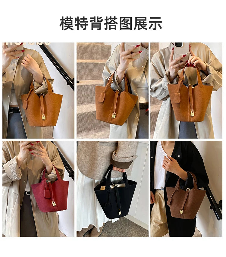 Basket Bag for Women 2024 Autumn and Winter New Frosted Bucket Bag Handbag Casual Red Wedding Bag