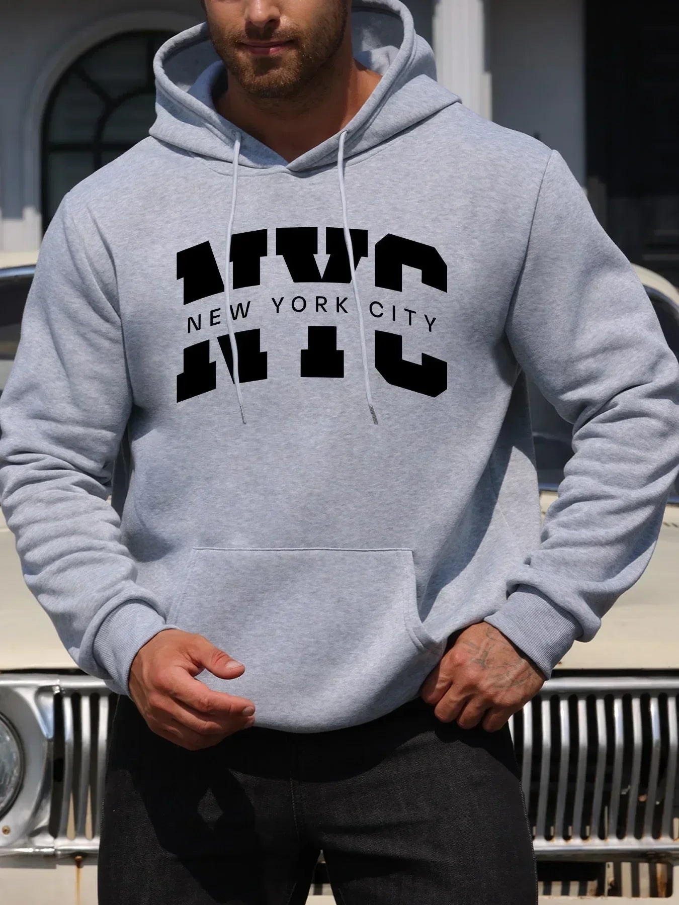 Sweat à capuche imprimé lettre New York pour homme, pull décontracté avec cordon de serrage, poche, confortable et polyvalent, sweat à capuche à manches longues, automne/hiver