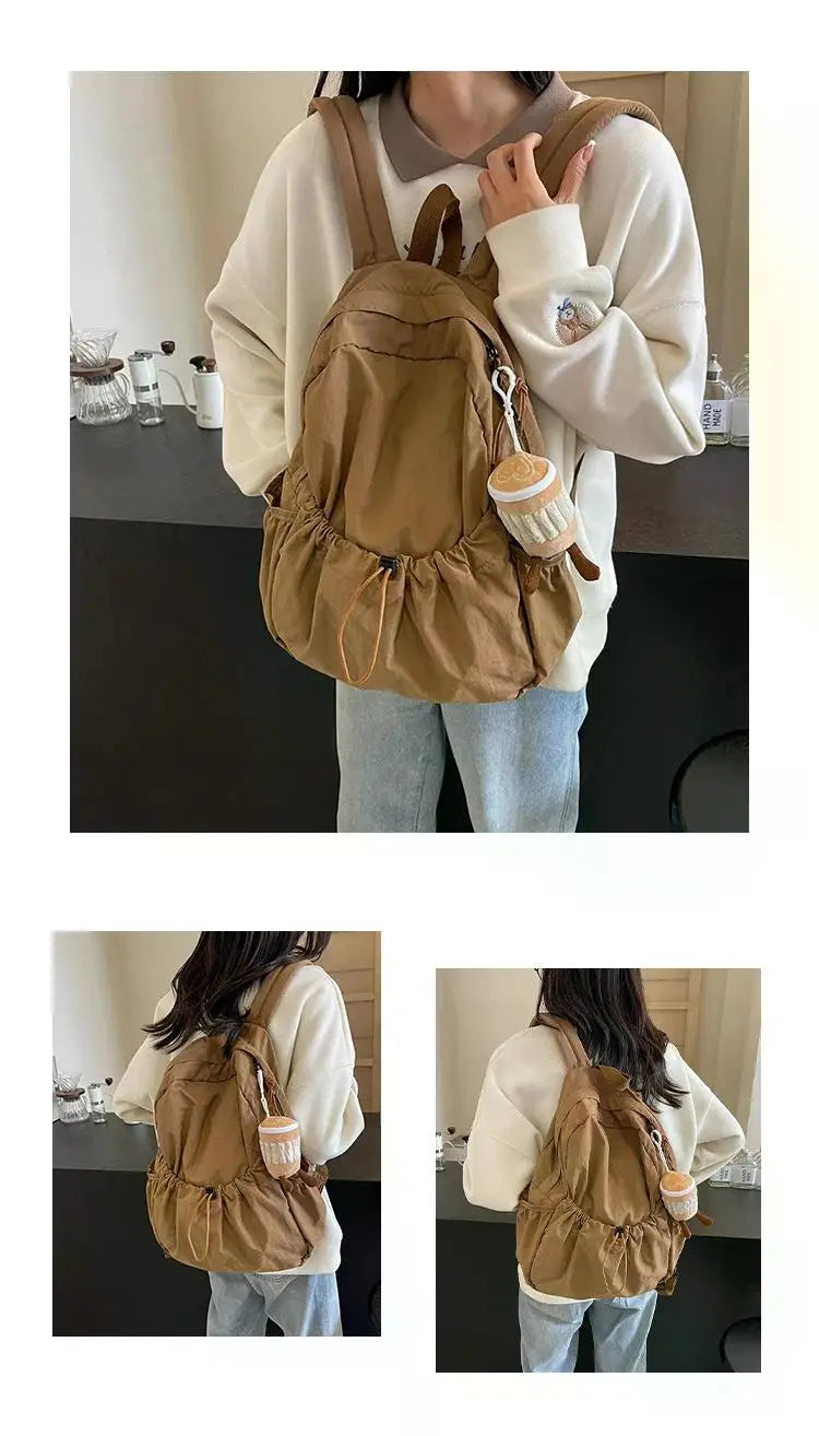 Casual Backpack Women Large Capacity Fashion Junior High School Student Pleat Schoolbag Cloth Bag Korean Travel Backpack