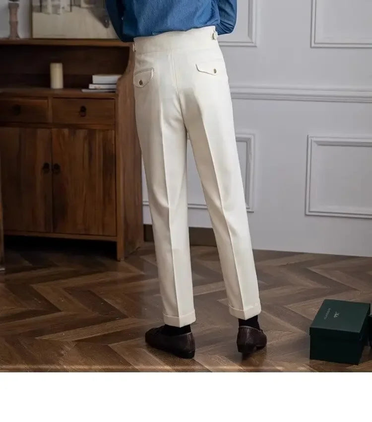 Spring Autumn White Men's Trousers Business Casual Cropped Pants Paris Button Trendy Italian Style