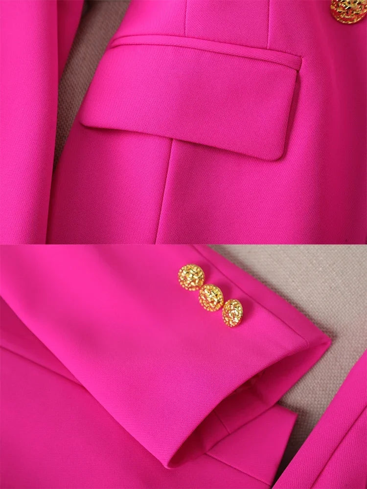 Button Decoration Formal Jacket Blazer and Trouser 2 Piece Set Fashion Pink Green Black Ladies Work Wear Pant Suit Women