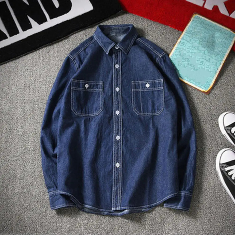 Veste chemise tendance pour homme, toucher peau, couleur unie, joli col rabattu, boutons, chemise en jean pour homme, streetwear