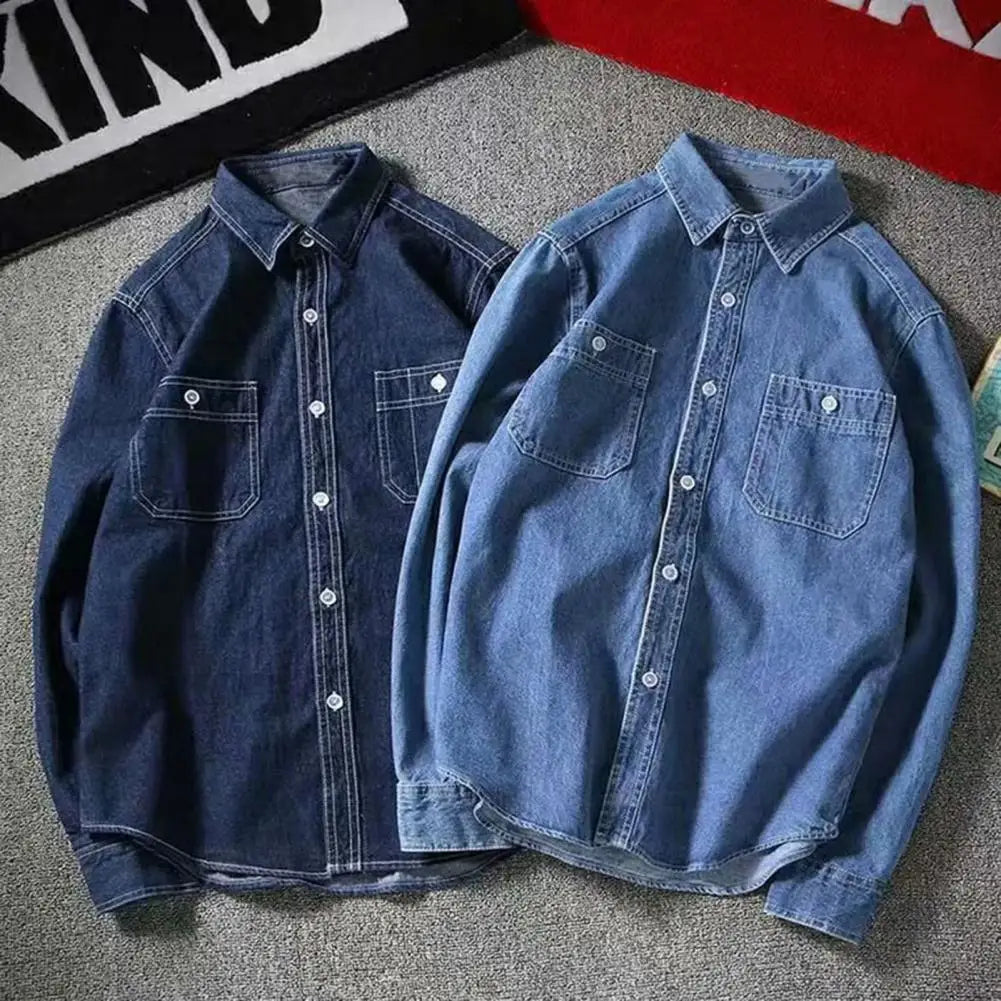 Veste chemise tendance pour homme, toucher peau, couleur unie, joli col rabattu, boutons, chemise en jean pour homme, streetwear