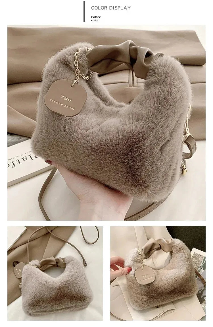 New Fashion Women Lady Shoulder Underarm Bag Solid Color Soft Plush Handbag Fluffy Totes Purse Autumn Winter Shopping Bag