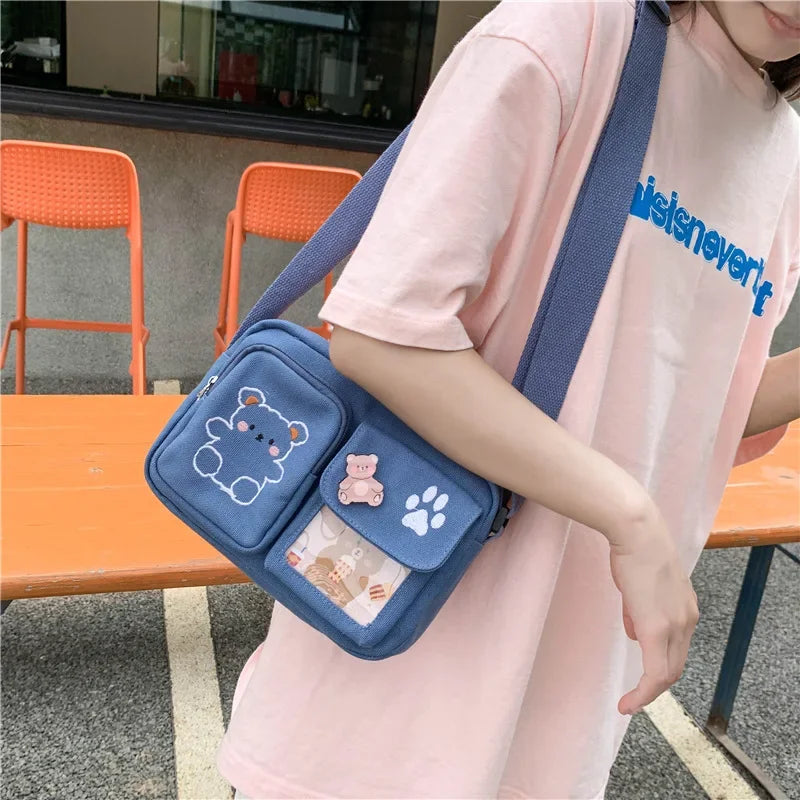 Canvas Small Bag Japanese ins Women Shoulder Bag Cute Funny Personality Embroidery Bear Girl Student Transparent Messenger Bag