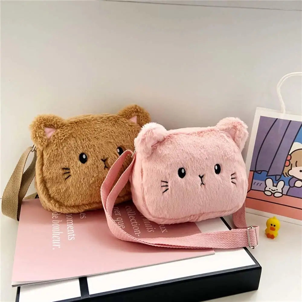 Plush Cartoon Children's Messenger Bag Cute Cat Lovely Kids Crossbody Handbags Zipper Little Girl Purse Gift For Child