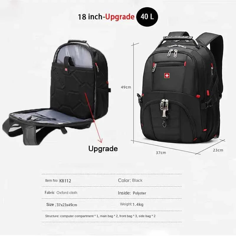 Swiss Durable 17 Inch Laptop Backpack 45L Travel Bag College Bookbag USB Charging Port Water Resistant Multifunctional Mochila