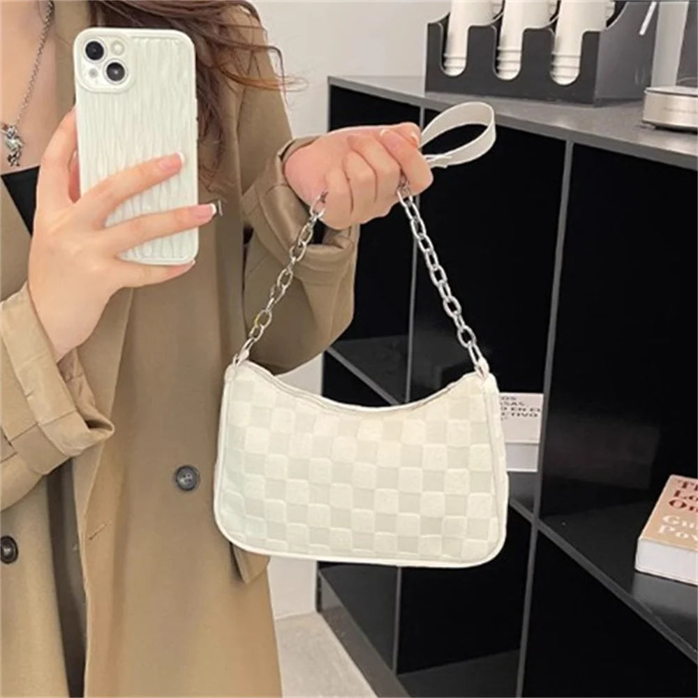 2023 New Fashion Women Handbags Canvas Underarm Chain Bag Casual Small Square Bag Simple Grid Women Shoulder Bags Female Clutch