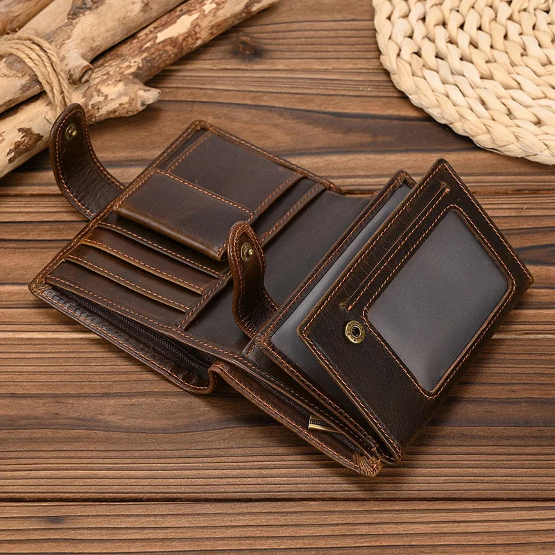 High Quality Genuine Leather Card Wallet Men Women RFID Genuine Leather Short Wallet Multi Cards Slots Button Man Purse