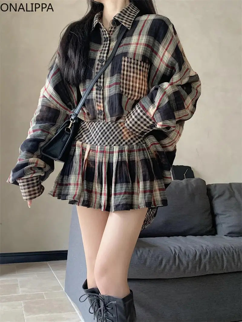 Onalippa Contrast Plaid Two Piece Sets Womens Outfits Turn Down Collar Casual Blouse Korean Chic Waist Belt Mini Pleated Skirts