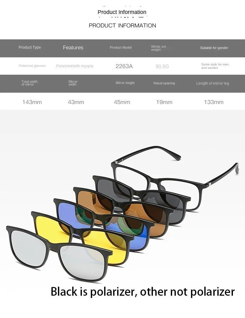 6 In 1 Custom Men Women Polarized Optical Magnetic Sunglasses Clip Magnet Clip on Sunglasses Polaroid Clip on Sun Glasses Frame