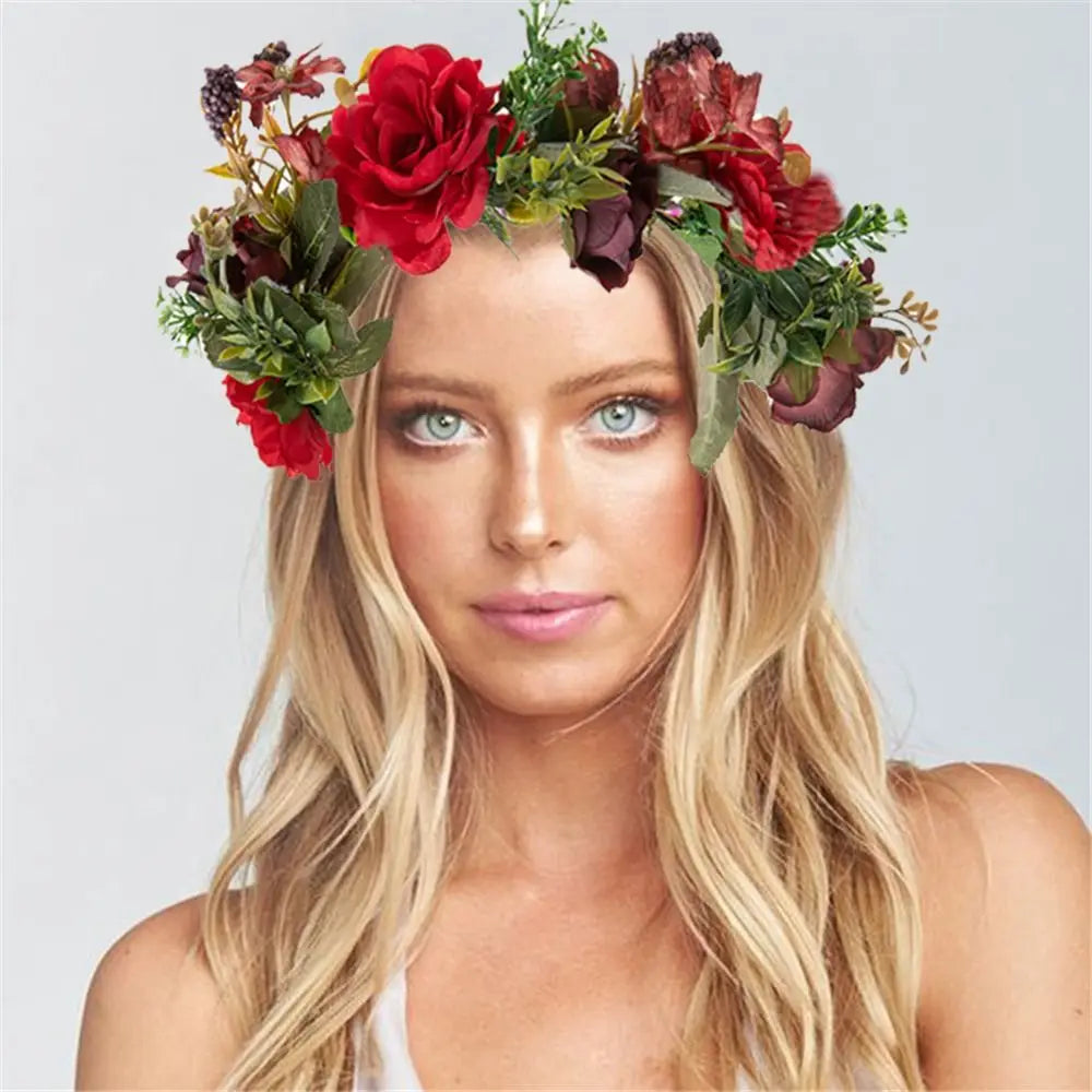 Flower Crown for Women Girls Flower Headband Green Leaf Headpiece Bohemian Festival Wedding Hair Wreath Photo Props Headwear