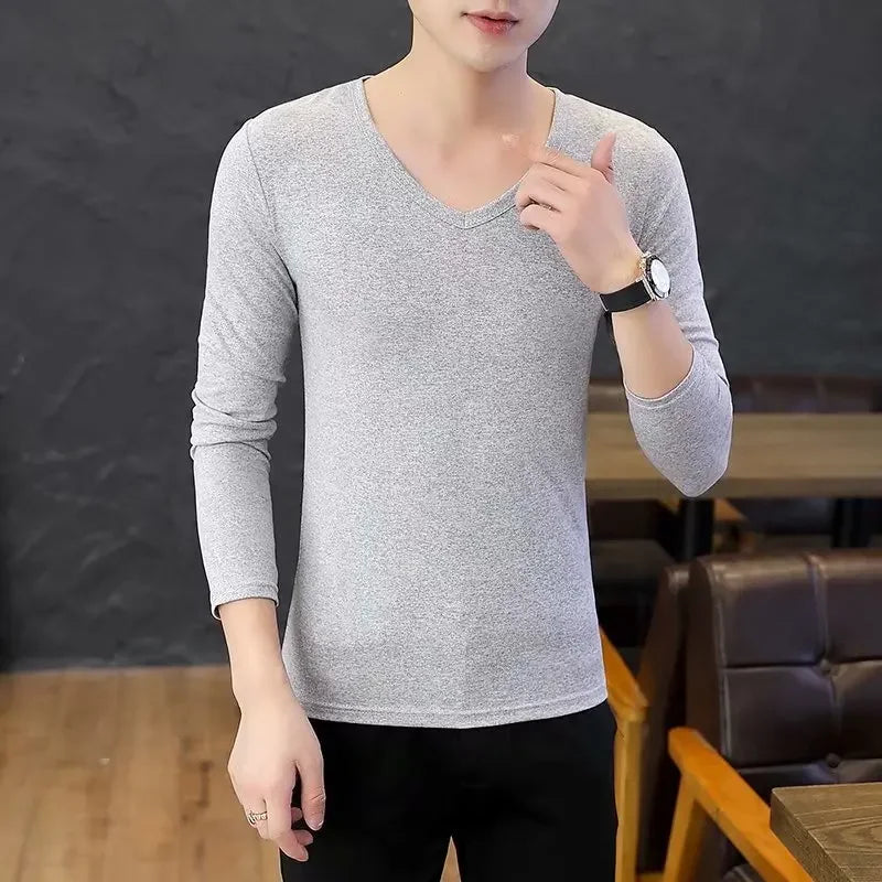 Men's Long Sleeve Black V-neck Base Layer T-shirt Solid Color Autumn Innerwear Thin Style Comfortable Men's Top