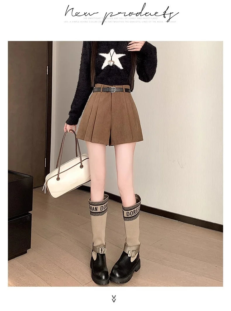 Corduroy Velvet Women Shorts Autumn Winter High Waist Slim Flared Trousers Fashionable Temperament A- crotch Boots