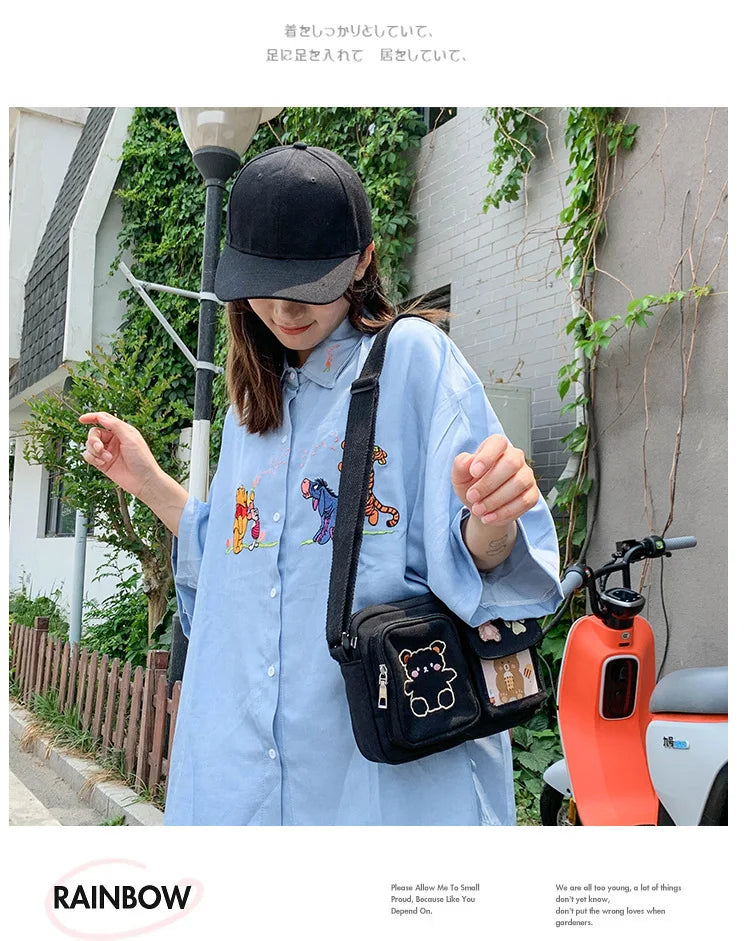 Canvas Small Bag Japanese ins Women Shoulder Bag Cute Funny Personality Embroidery Bear Girl Student Transparent Messenger Bag