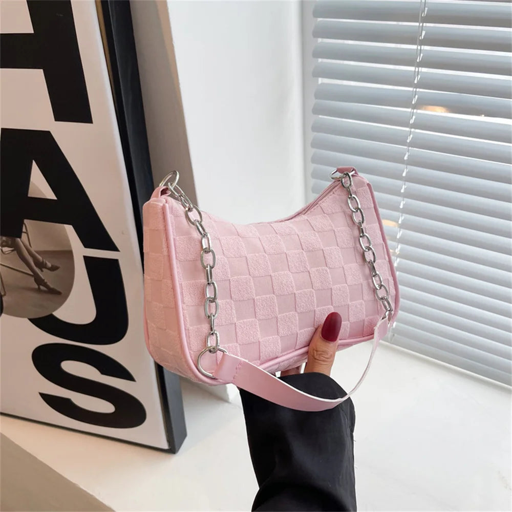 2023 New Fashion Women Handbags Canvas Underarm Chain Bag Casual Small Square Bag Simple Grid Women Shoulder Bags Female Clutch