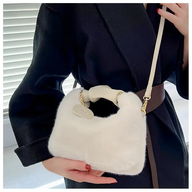 New Fashion Women Lady Shoulder Underarm Bag Solid Color Soft Plush Handbag Fluffy Totes Purse Autumn Winter Shopping Bag