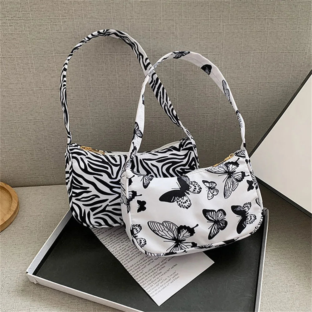 Women Shoulder Bag Fashion Animal Pattern Print Bag Casual Nylon Butterfly Leopard Zebra Cow Print Women Handbag Underarm Bags