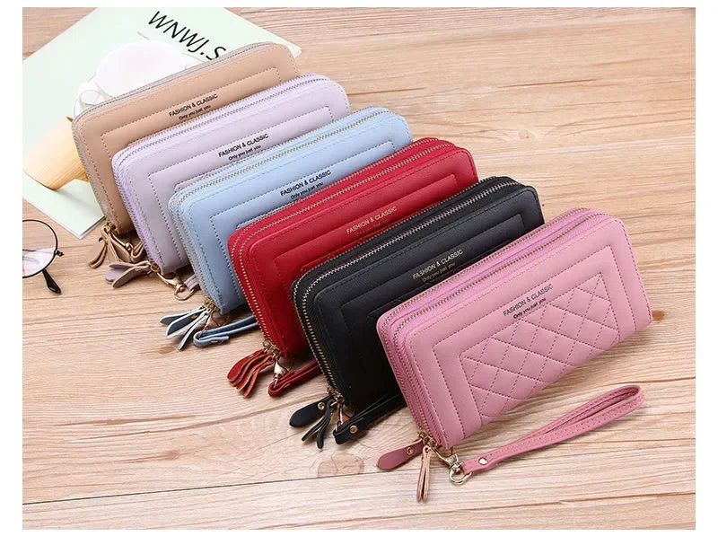 Long Wallet for Women Female Tassel Coin Purse Card Holder Wallets Double Zipper PU Leather Clutch Bags Luxury Money Phone Bag