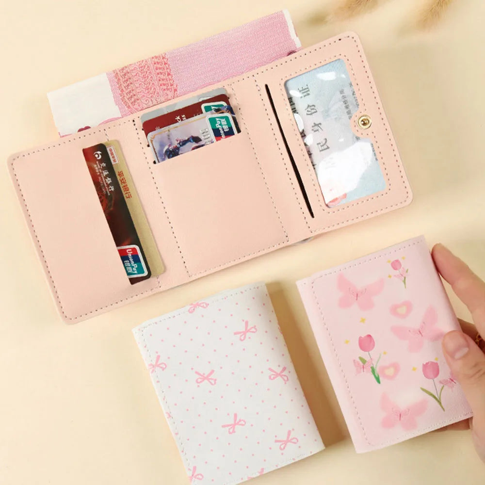 Cute Flower Bow Wallet Women Sweet Pink Three Fold Purse Card Holder for Girl Portable Travel Cash Coin Pouch Photo Card Bag