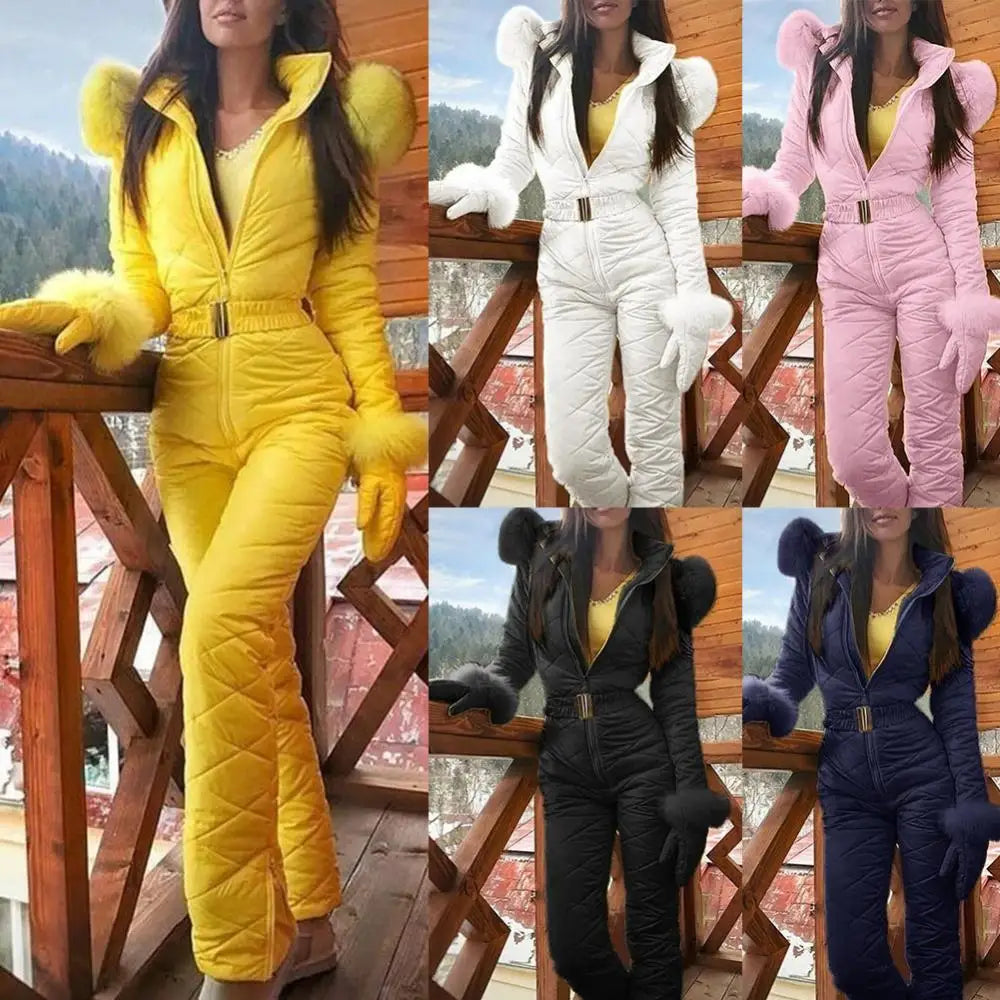 Warm Skiing Zipper Hooded Women Jumpsuit Outdoor Winter Faux Fur Collar Fleece Jumpsuit