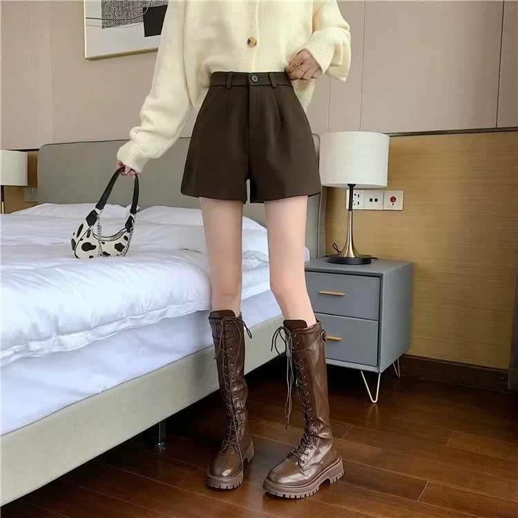 Black Woolen Shorts Women's Autumn/winter Outerwear Petite High-waisted Bell Bottoms 2023 New Slimming Base Boot Pants