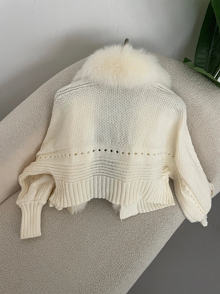 New Knitting Cardigan 2024 Winter Women Knitted Jacket with Natural Fur Placket Coat Casual Real Fox Fur New Fashion Short Warm